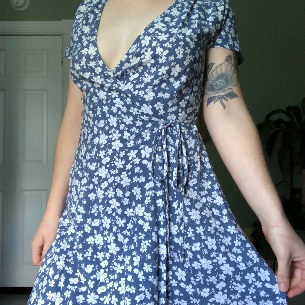 Blue & White Floral Wrap Mini Dress